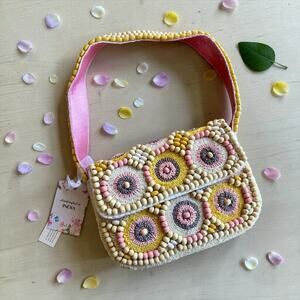 Handmade India Pink Yellow Geo Viral TikTok Wooden Beaded Shoulder Bag NWT